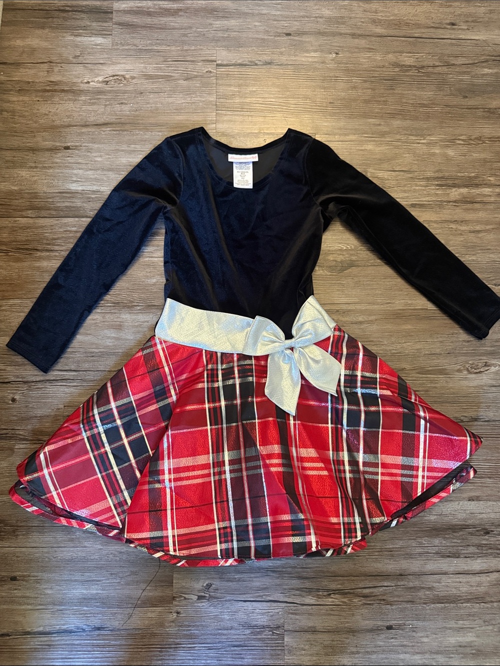 Bonnie Jean Black Velvet Top with Red Plaid Skirt and Gold Bow Girls Dress